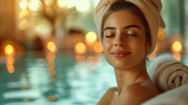 Portrait of a beautiful young woman relaxing in a hot tub at a spa resort.
