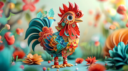 Vibrant digital artwork featuring a stylized, multi-colored rooster standing proud within a blooming, whimsical garden scene. symbolizes celebration and culture during Chinese New Year. - obrazy, fototapety, plakaty