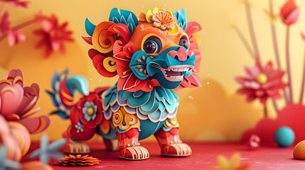 A colorful and ornate digital artwork depicts a whimsically decorated dog surrounded by intricate floral designs, symbolizing celebration and culture during Chinese New Year.