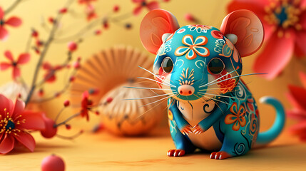 A colorful, intricately decorated rat stands amidst a set of classic Chinese New Year accessories, symbolizing prosperity and cultural festivities.