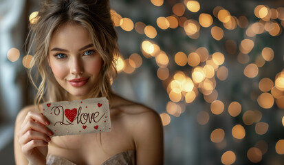 Young woman with blue eyes holding "love" card. Golden bokeh lights background. Valentines day
