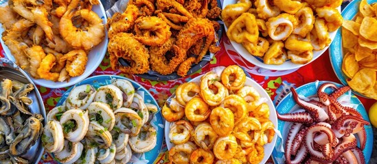 Sicilian street food showcased at Palermo market, featuring calamari, octopus, and fried fish on a vibrant tablecloth.
