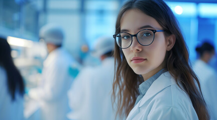Beautiful young woman scientist wearing white coat and glasses in modern Medical Science Laboratory with Team of Specialists on background 