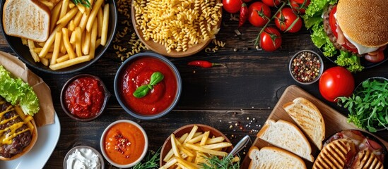 Fast food items, including tomato soup, sauce, hamburger, fries, pasta, sandwich, and Caesar salad, are served on a wooden table in a cafe. The restaurant offers a new seasonal menu with various - Powered by Adobe