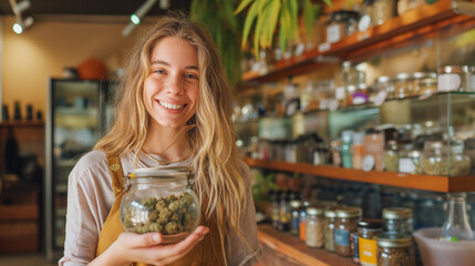 Young woman worker in a CBD shop holding up a jar full of cannabis flowers.