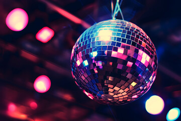 Obraz premium Funkelnde Tanznacht: Eine lebendige Diskokugel strahlt Glanz und Glitzer aus, schafft eine mitreißende Atmosphäre für eine unvergessliche Party- und Tanznacht
