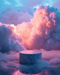 3D render of a round podium against a background of clouds at sunset