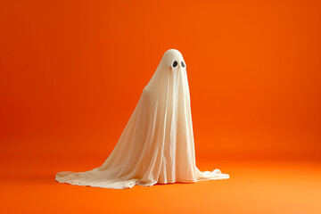 Studio shot of a sheet ghost against an orange background for Halloween.
