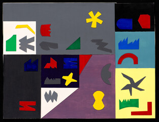 Abstract collage with colorful cutout shapes. Color composition.