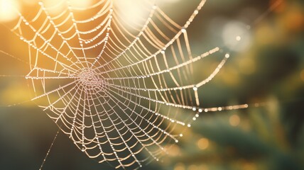 A dew-covered spider web glistening in the early morning sunlight  -Generative Ai