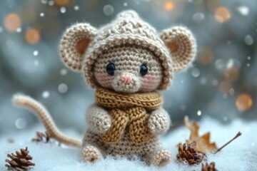 A crocheted mouse wearing a knitted hat and scarf. Handcrafted knitted miniature toy.