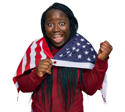 Young black woman with braids holding united states flag screaming proud, celebrating victory and success very excited with raised arms
