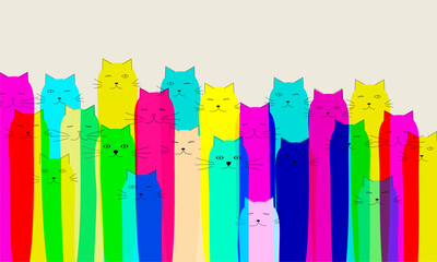 Silhouettes of many cats Riso Print with cats. Risograph effect Minimalist art print. Vector illustration
