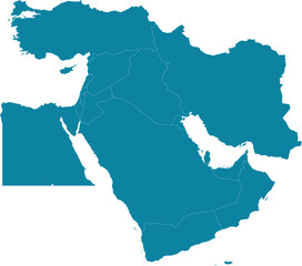 Blue detailed CMYK blank political map of the MIDDLE EAST with white national country borders on transparent background using orthographic projection