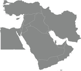 Gray detailed CMYK blank political map of the MIDDLE EAST with white national country borders on transparent background using orthographic projection