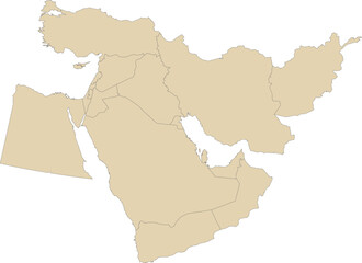 Brown detailed CMYK blank political map of the MIDDLE EAST with black national country borders on transparent background using orthographic projection
