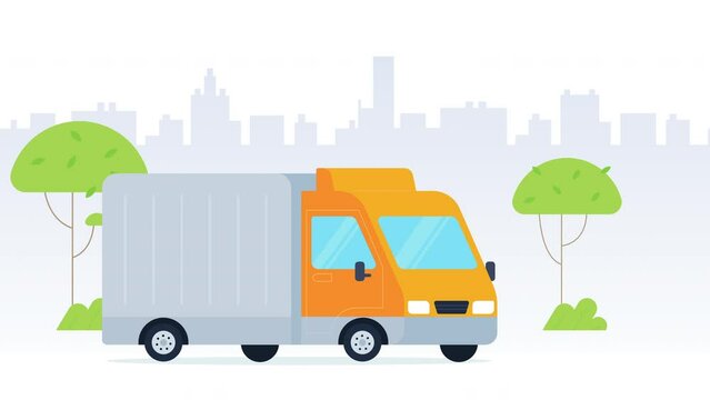 Delivery service truck vehicle scene. Concept of cargo transportation. A truck running against the city skyline background. 4k animated video