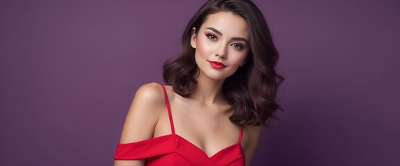 Obraz na płótnie Canvas A well-groomed beautiful woman in a red dress standing on a purple background can be used in aesthetic and skin care advertisements