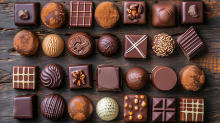 Variety of shapes and styles of chocolate candy pieces in rows. Some with nuts other are filled with nougat and more. Cocoa candies showcase.