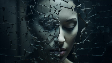 Gesicht einer Frau, die vor einem zerbrochenen Spiegel steht und den Blick senkt. Abstrakte surreale Illustration in kühlen Farben. Unheilvolle Stimmung - obrazy, fototapety, plakaty
