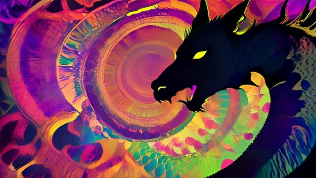 A black dragon tilting its head in front of a colorful, intricate background resembling fireworks of light
