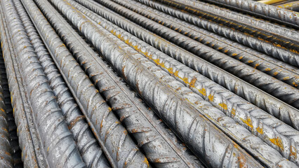 Close-up detail of a rebar stockpile on site for reinforced concrete