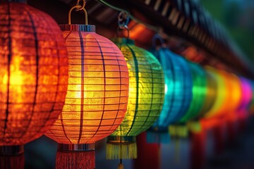 Colorful round Asian lanterns glowing at night