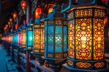 Row of colorful lanterns glowing in the night