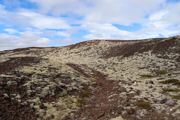 View of the lava fields of a past volcanic eruption in Iceland.