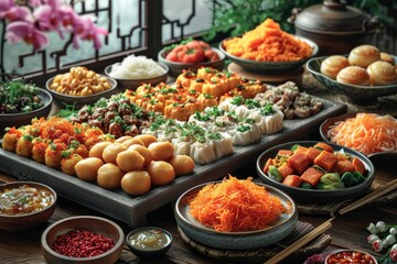Banquet table filled with traditional Chinese dishes