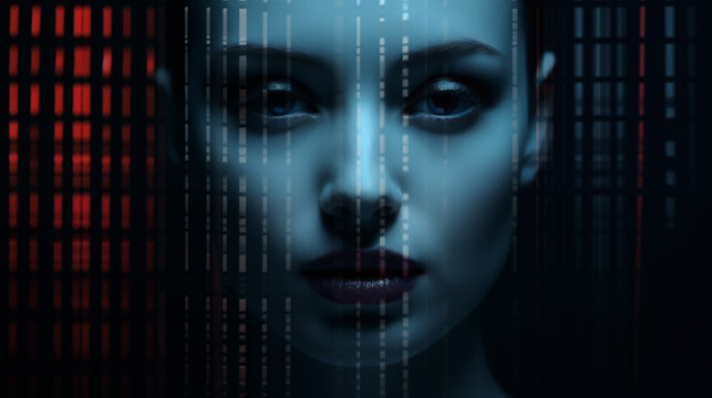 Gesicht einer Frau mit Code-Muster. Illustration in Blau, Schwarz und rot