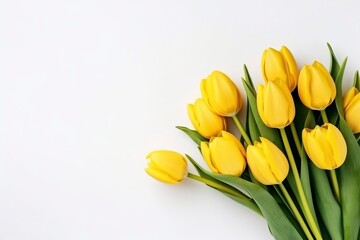 bouquet of beautiful yellow tulips on white background, flat lay and copy space - generative ai