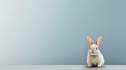 Obraz premium A grey rabbit on a blue background. A banner with a rabbit. Happy Easter. opy space