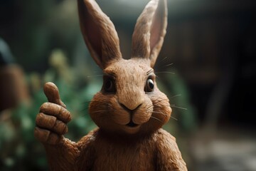 The brown Easter rabbit is giving a thumbs-up signal. , .highly detailed,   cinematic shot   photo taken by sony   incredibly detailed, sharpen details   highly realistic   professional photography li - obrazy, fototapety, plakaty