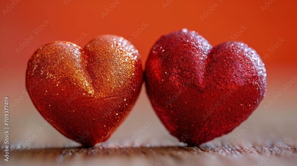 Sticker Two red hearts sitting on top of each other with a table in the background, AI