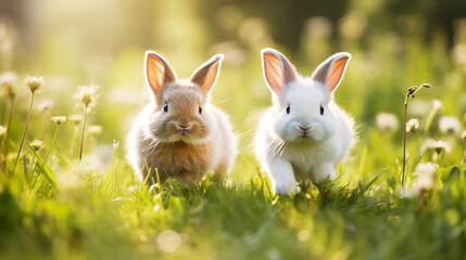 Two cute bunnies are running in a meadow, against the backdrop of a sunny field. Fluffy little rabbits play on the grass in a sunny field. Pet Day. AI 