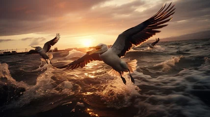 Fotobehang A flock of pelicans soaring above the waves, their wings outstretched against the backdrop of a cloud-studded sky -Generative Ai © Online Jack Oliver