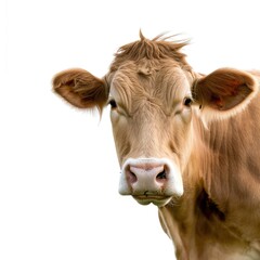 A close up of a cow's face with a white background.