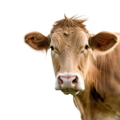 A close up of a cow's face with a white background.