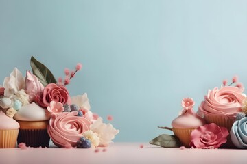 Cute cupcake banner with flowers and space for text , .highly detailed,   cinematic shot   photo taken by sony   incredibly detailed, sharpen details   highly realistic   professional photography ligh