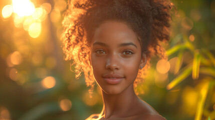 Portrait of cute young black college female student with backlit sun outdoors. - obrazy, fototapety, plakaty