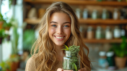 Cute young woman holding a jar of cannabis plant inside a CBD shop. - obrazy, fototapety, plakaty
