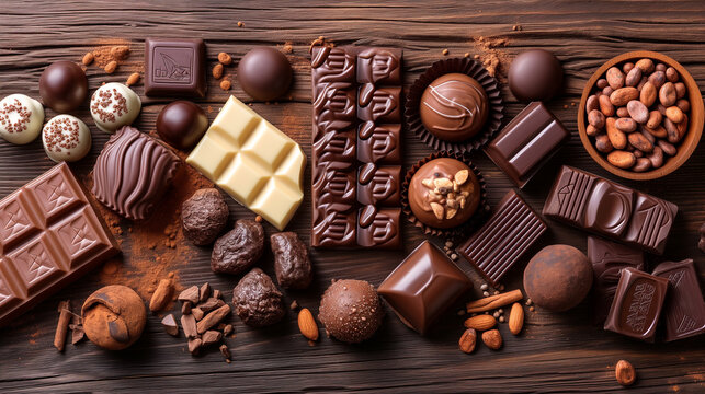 Flat lay of various chocolate candies with nuts and fillings on wooden background. Sweet tooth.