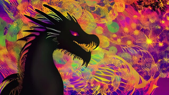 A black dragon tilting its head in front of a colorful, intricate background resembling fireworks of light
