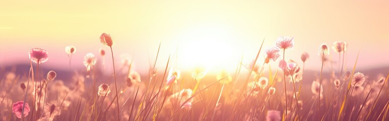 Soft focus of grass flowers with sunset light, peaceful and relax natural beauty, spring Easter wild flowers background concept - obrazy, fototapety, plakaty