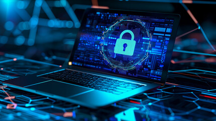 Laptop computer with a lock icon, concept for data protection and privacy.