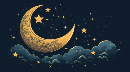 Obraz na płótnie Canvas Crescent moon and star background illustration design, ornament for the Islamic Eid al-Fitr holiday