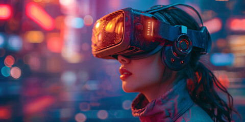 young woman with modern VR glasses, technology innovation and conceptual lifestyle
