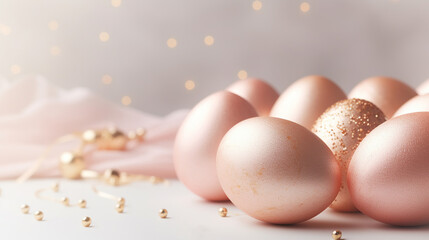 Gold and pink Easter egg decorations with spring flowers, Easter background concept