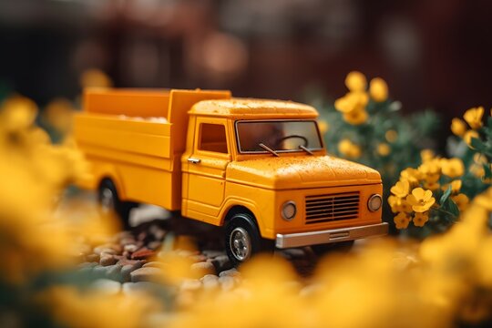 Yellow toy truck brings spring flowers to colorful background. , .highly detailed,   cinematic shot   photo taken by sony   incredibly detailed, sharpen details   highly realistic   professional photo